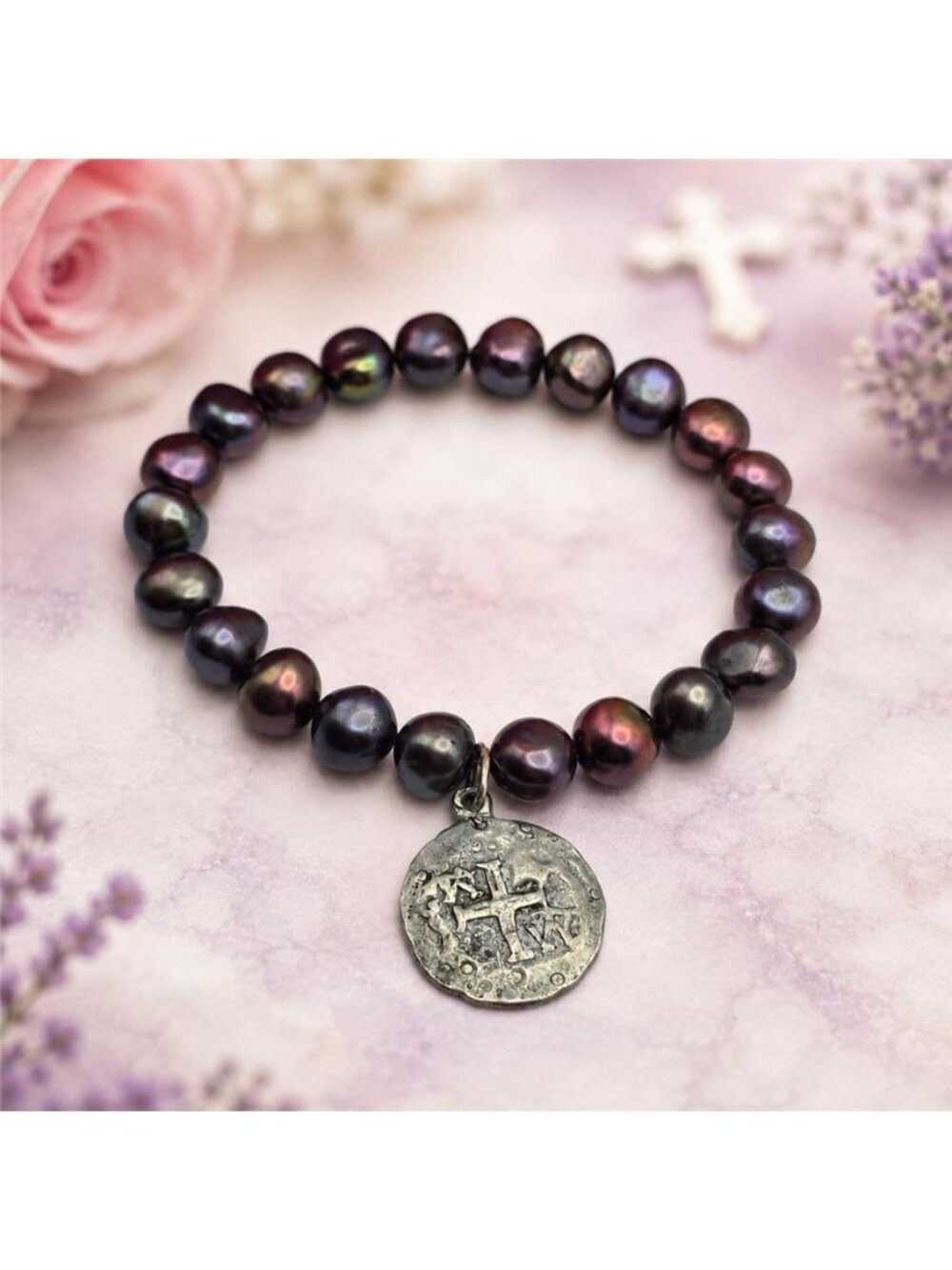 Natural Peacock Freshwater Pearl Jeremiah 29:11 Coin Charm Stretch Bracelet 7 in